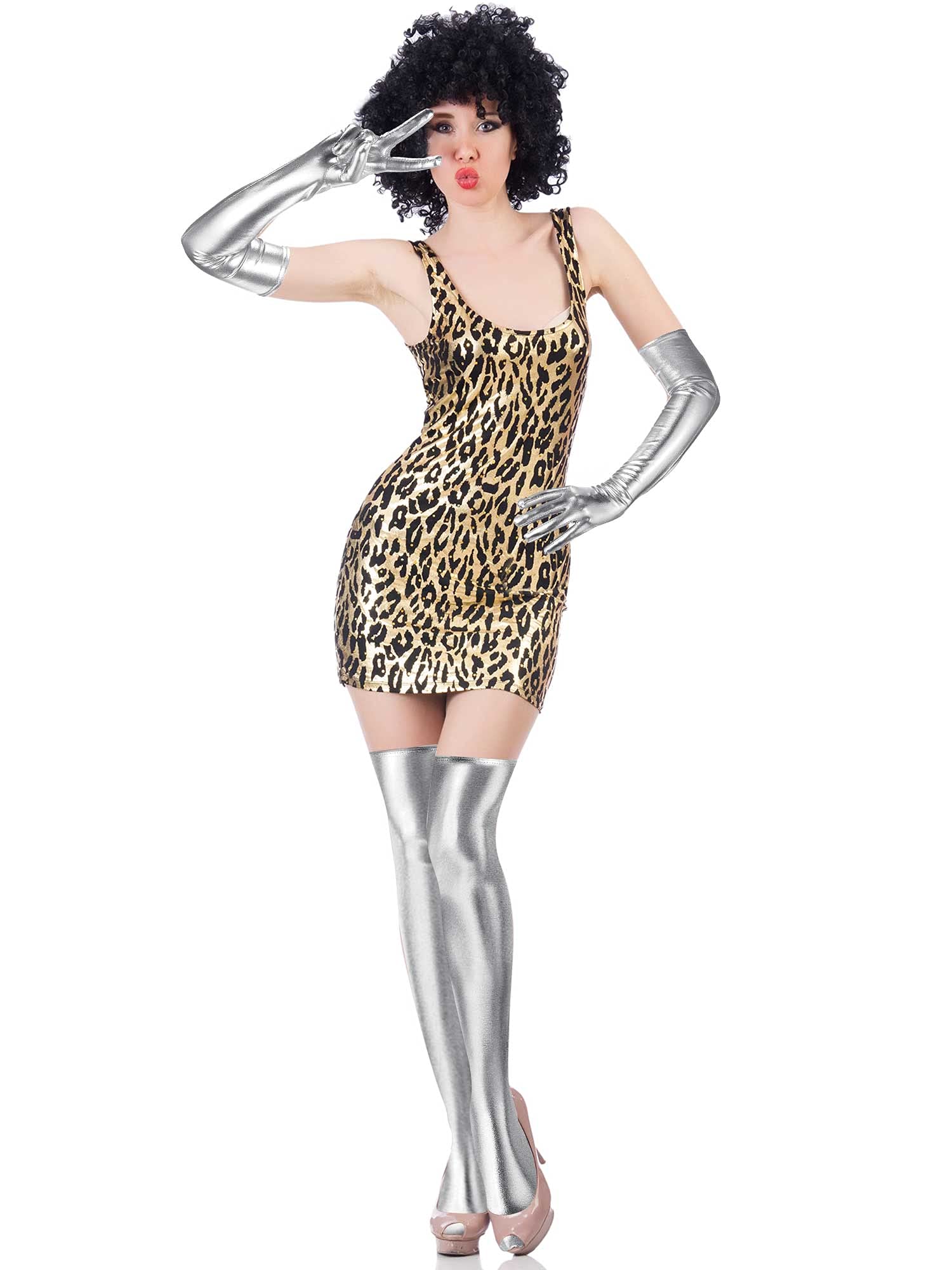 SATINIOR Women's Carnival Halloween Costume Elastic Spandex Shiny Wet Long Gloves and Thigh High Stockings: Silver