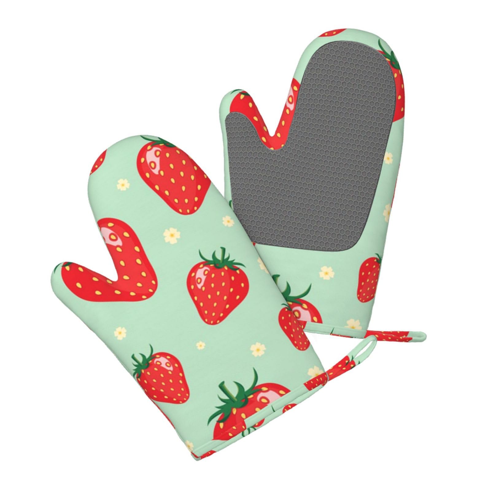Aqrjlpo Women's Lovely Strawberry Silicone Oven Mitts Set 2Pcs, Printed Heat Resistant Non-Slip Silicone Oven Gloves For Kitchen Cooking Baking Microwave