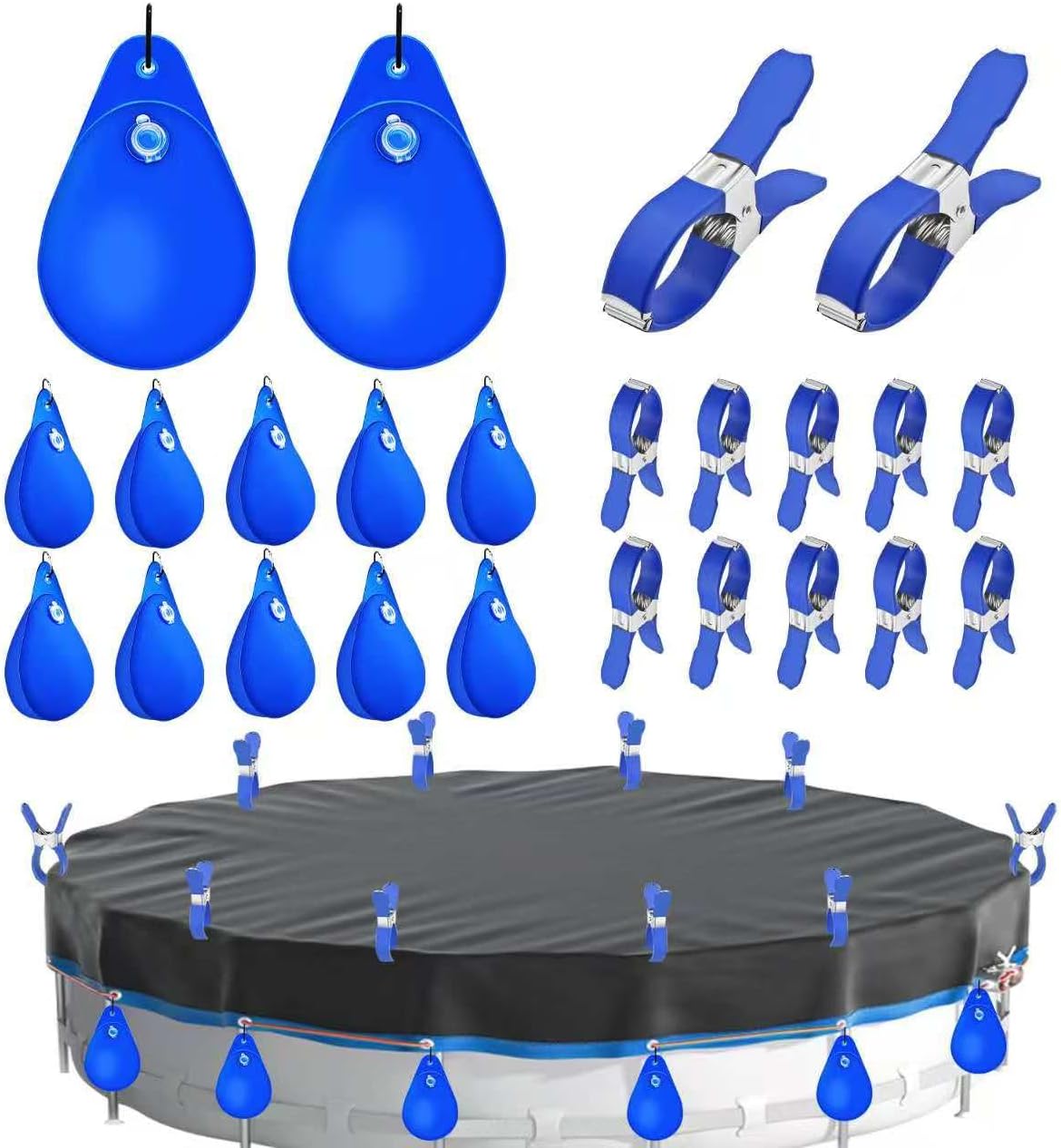 12 Pack Pool Cover Weights with 12 Pack 4.6 Inch Stainless Steel Pool Cover Clips for Above Ground Winter Pool Cover, PVC Pool Winter Cover Hanging Bags and Pool Cover Clamps for Pool Tarp Closing
