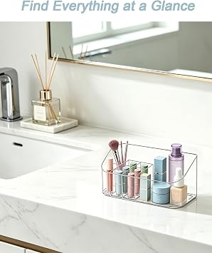 SUNFICON Makeup Holder Tray Organiser Cosmetic Display Case Tabletop Desktop Vanity Countertop Bathroom Wall Cabinet Medicine Storage Box 9 Dividers 2 Removable for Womens Ladies Girls Crystal Clear