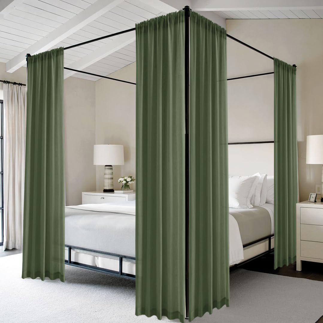 SHINELAND Olive Green Linen Sheer Curtains, Flowy Lightweight Dark Olive Mid Century Modern Curtains for Living Room Bedroom 84 Inches Long