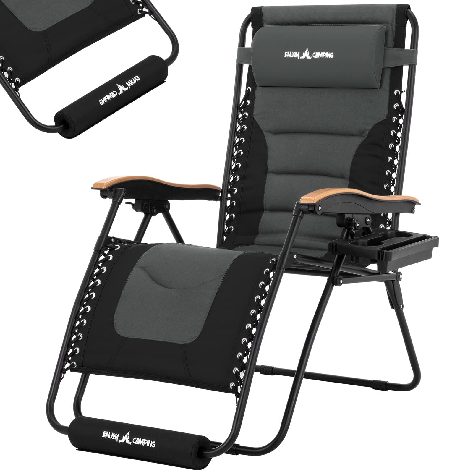 UDPATIO Extra Wide Zero Gravity Chair, Folding Recliner, Patio Sun Lounger with Cup Holder, Adjustable Backrest, Padded Pillow for Outdoor, Garden, Deck, Poolside, Supports 200kg (75 Wide, Gray)