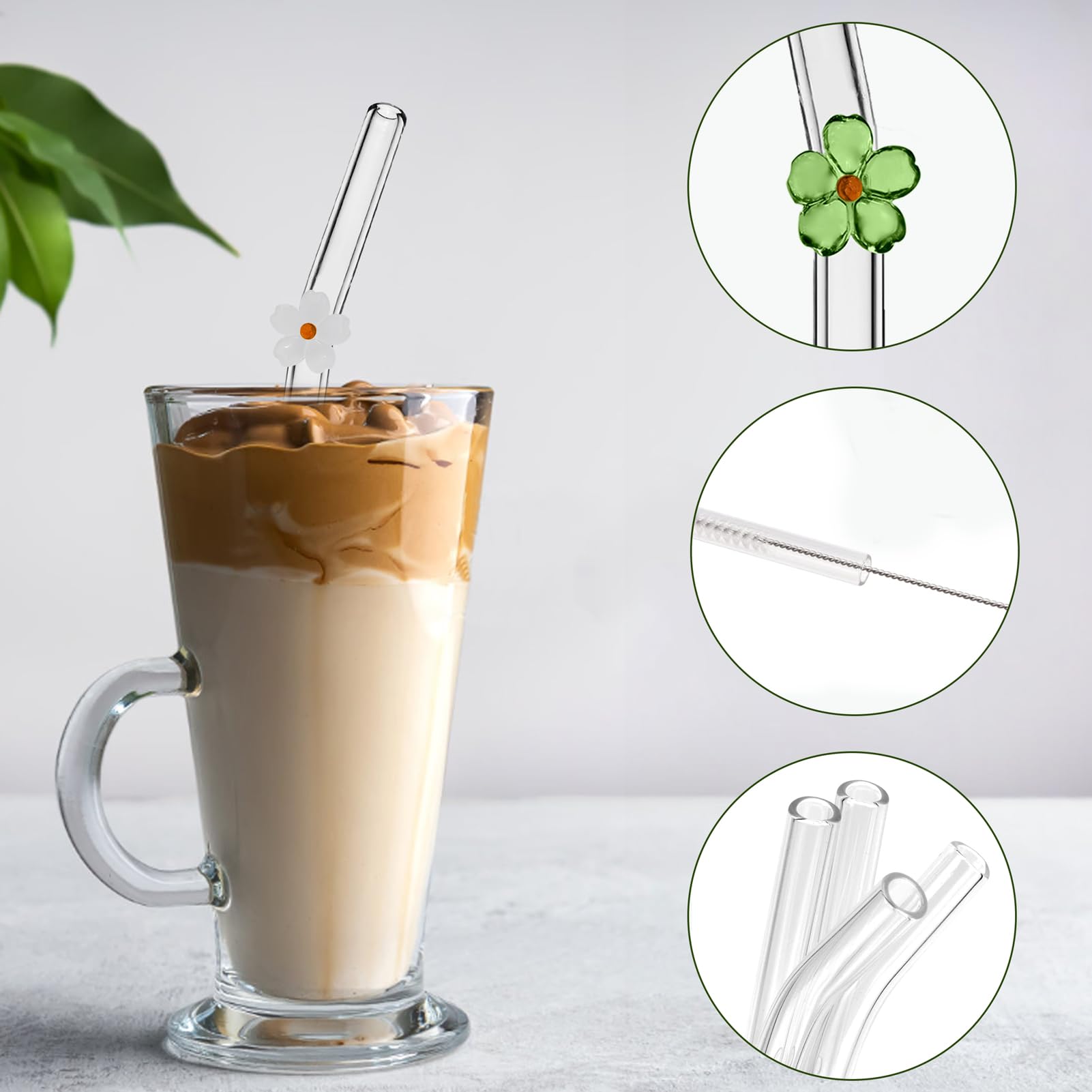 Lot De 8 Pailles En Verre Réutilisables Respectueuses De L'environnement Avec 2 Brosses De Nettoyage, Transparentes, Longueur 20 Cm, Parfaites Pour Toutes Les Boissons Et Le Lait (incurvées