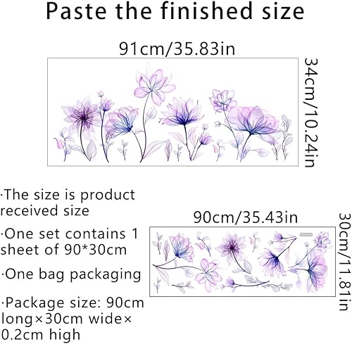 Miniatura 4 de Calcomanías de pared de flores moradas para dormitorio de niñas, calcomanías extraíbles para despegar y pegar, arte autoadhesivo para niños, para