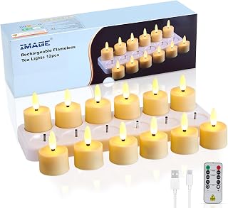 IMAGE Flameless Candles Rechargeable Tea Lights with Remote Control Timer & Charging Base, Battery LED Tea Candles Small Votive for Party Weddings Christmas Halloween Decorative, 1.53" x 2.17"，12pc