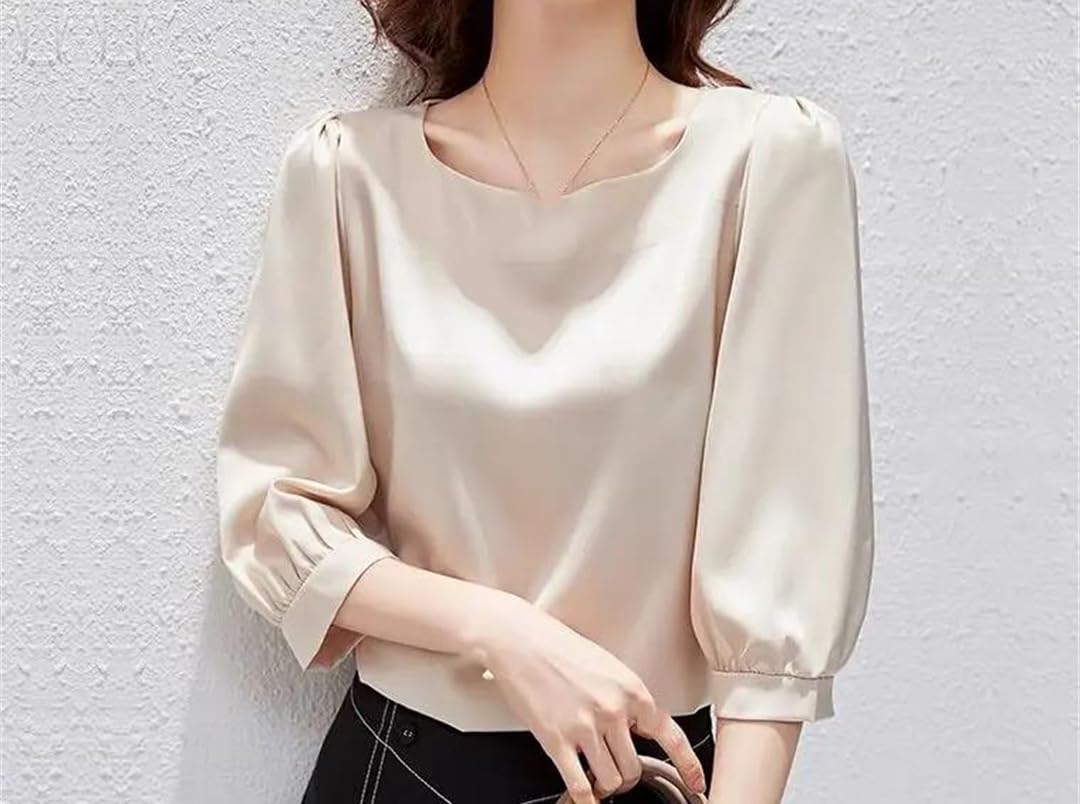 Yeuyyben Donne Elegante Raso Tre Quarti Manica Camicette Vintage Ice Silk Camicia Donna Casual Allentato Lanterna Manica Top
