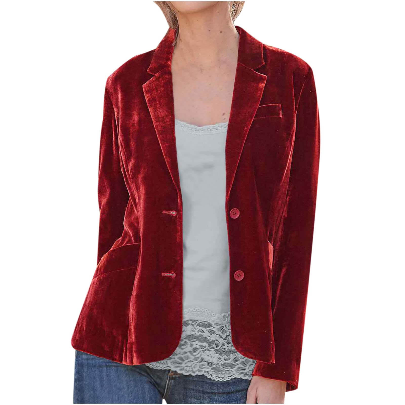 Womens Velvet Blazer Cozy Lightweight Outerwear Retro Buttons Long Sleeve  Pokets Jacket Cardigan Coat Office Blazers