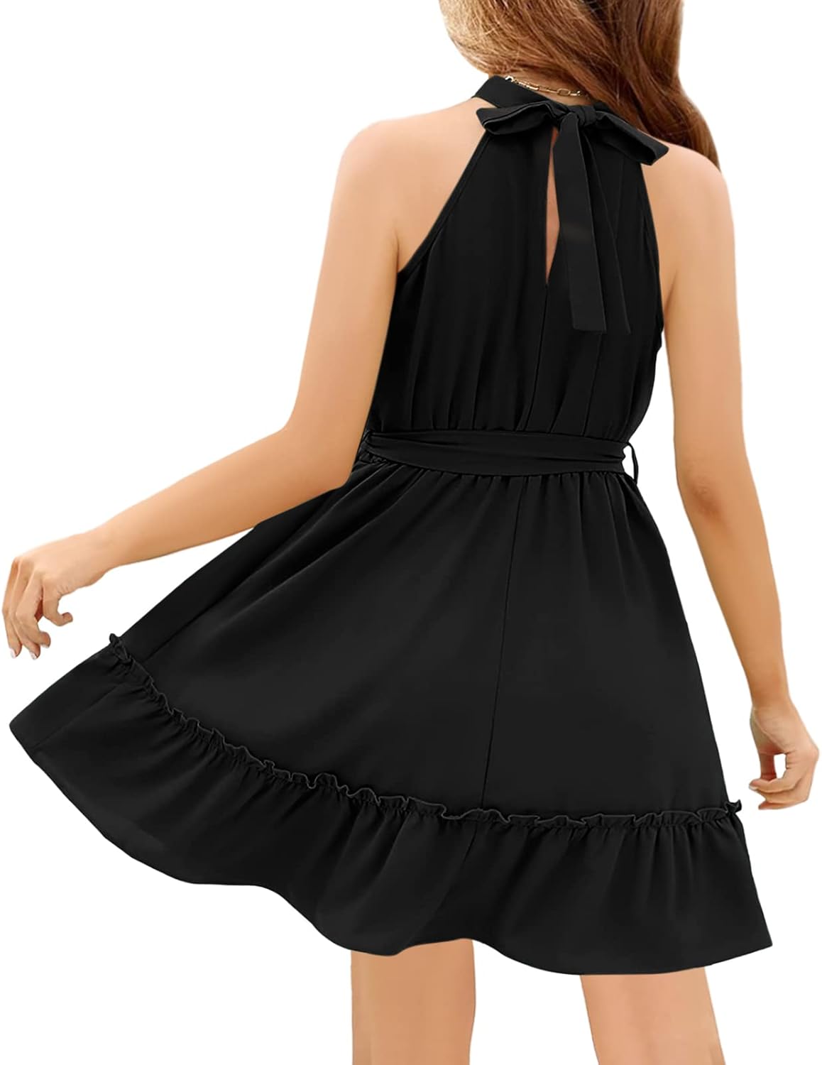 Newffr Girl's Halter Neck Sleeveless Summer Dress Tie Waist A-line Sundress Mini Swing Pleated Dress for Girls 4-12 - Image 3