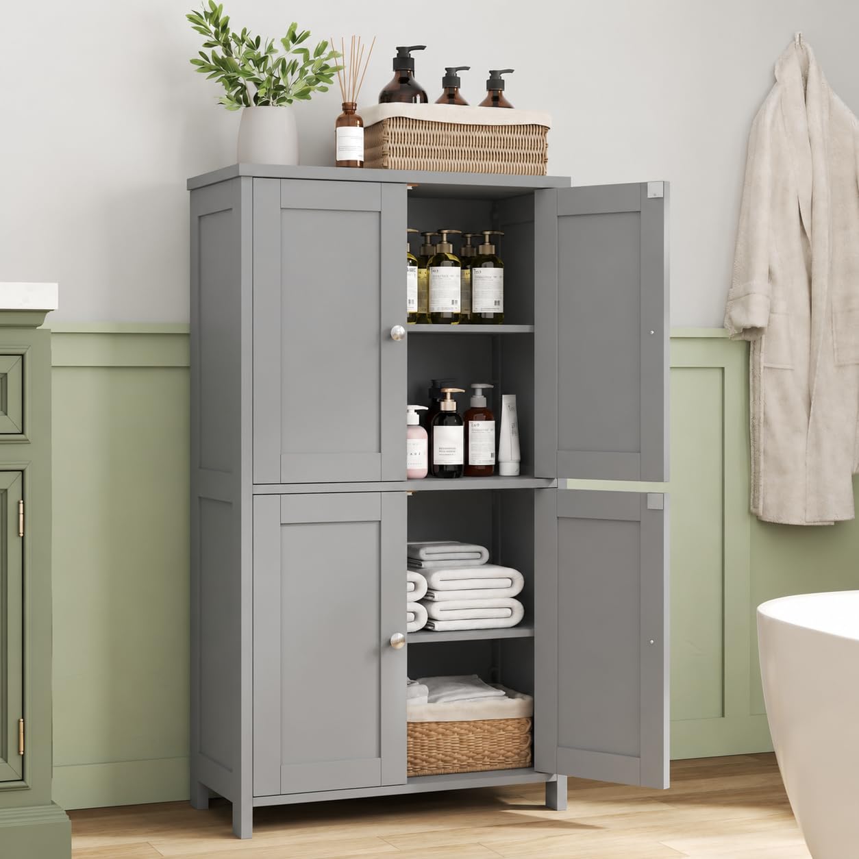 Nuturelly Bathroom Floor Storage Cabinet, 4 Doors