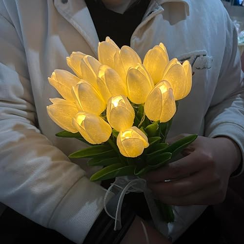 Miniatura 4 de FERLLY 15 Pcs Artificial White Tulip Flowers with LED Light, Real Touch Tulip Bouquet, Flower Lamp, Christmas Flowers Decorations, Battery Operated,
