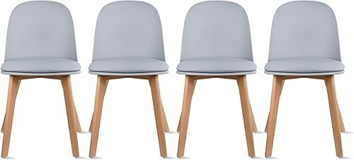 2xhome Juego de 4 modernas sillas laterales de comedor sin brazos, carcasa de plástico con asiento acolchado de piel sintética y patas de madera
