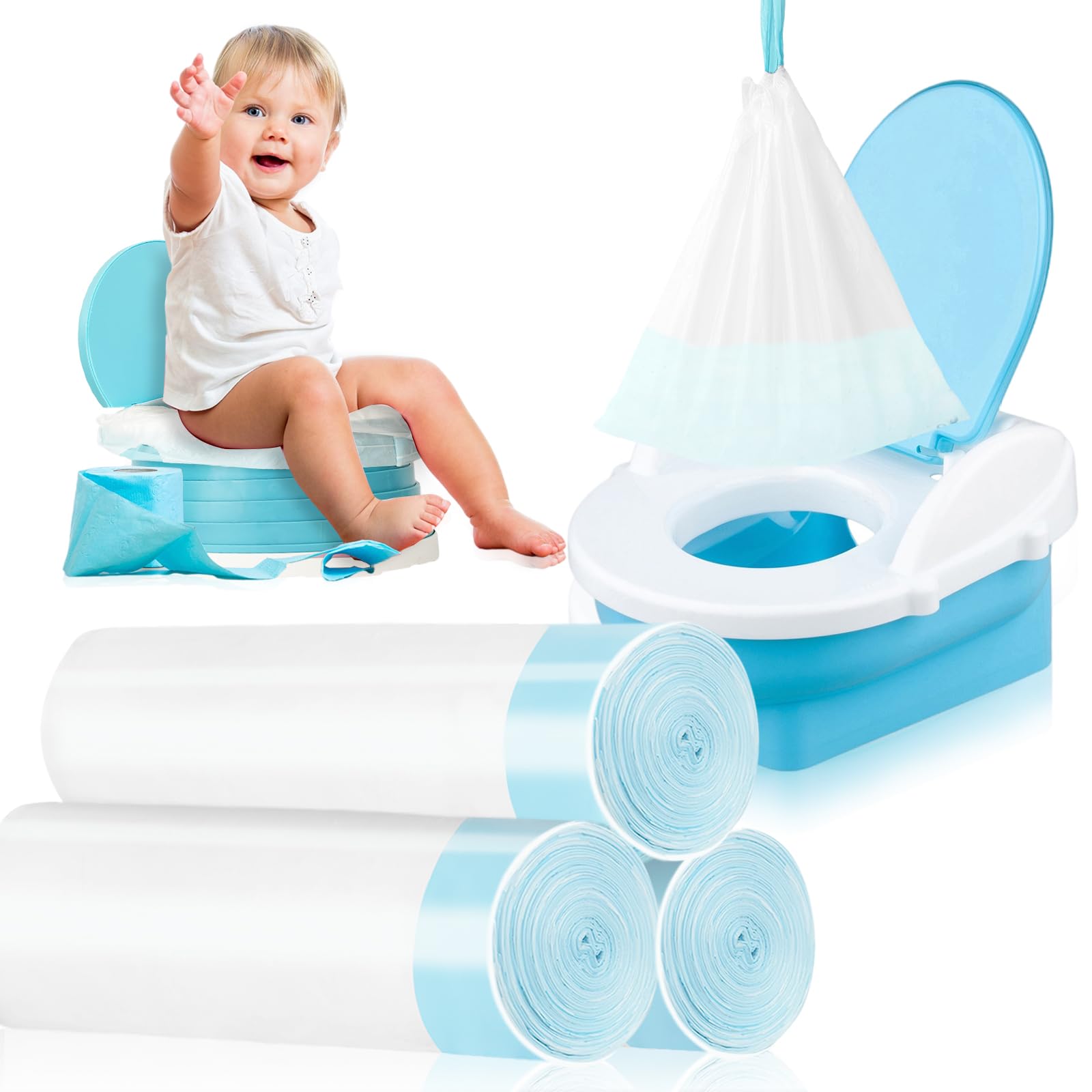 Paquete de 120 forros para sillas de orinal con cordón, bolsas desechables para asiento de inodoro para niños pequeños al aire libre viajes (17.3 x 9.4 pulgadas)