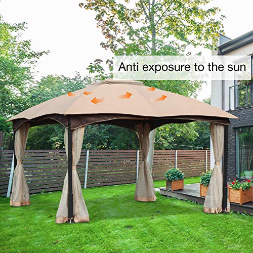 Aoodor Patio Gazebo 10\' x 12\' Metal Frame with Mesh Netting Canopy Top - Khaki Color
