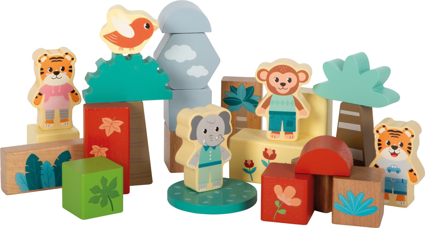 Small Foot Blocchi da Costruzione in Legno Jungle Friends,FSC® 100% Certificato, 50 Pezzi, Legno al Naturale e colorato, da 1 Anno, 12768