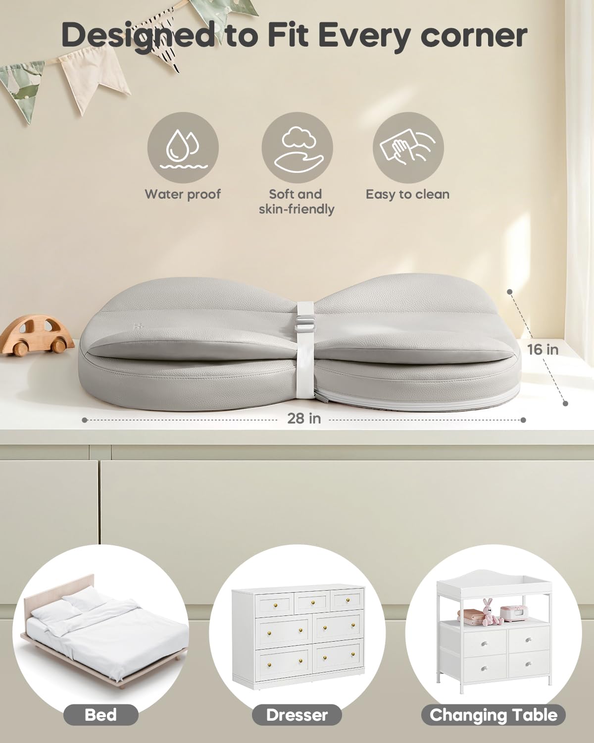 Baby Changing Pad, Waterproof Wipe-Clean PU Leather with High-Density Foam, Non-Slip Raised Edge Contour with Adjustable Safety Strap, for Dresser & Changing Table, 28"×16", Gray