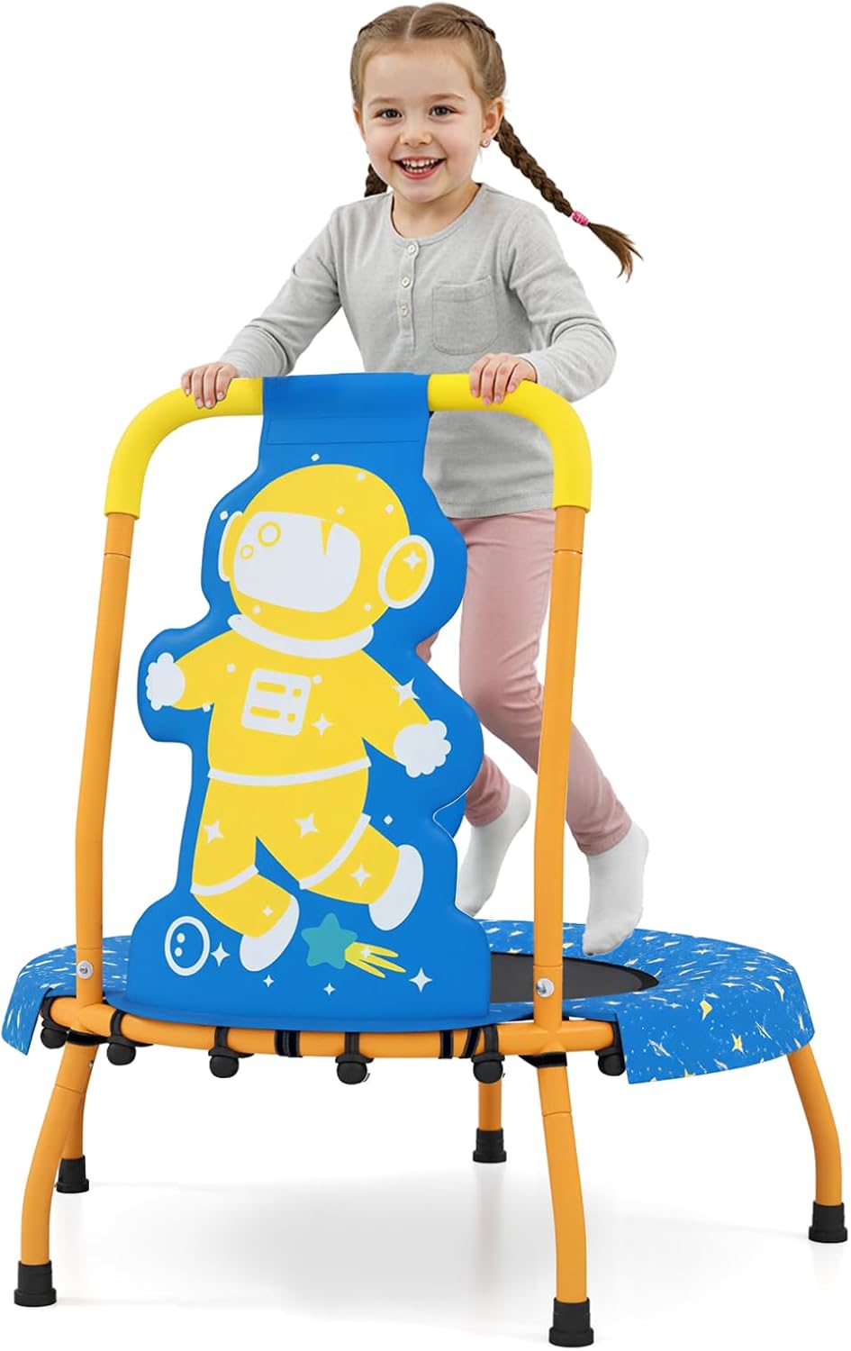 BABYJOY ASTM Certified Toddler Trampoline, Mini Indoor Kids Trampoline 3+ with No-Gap Mat, Padded Handlebar & Safety Cover