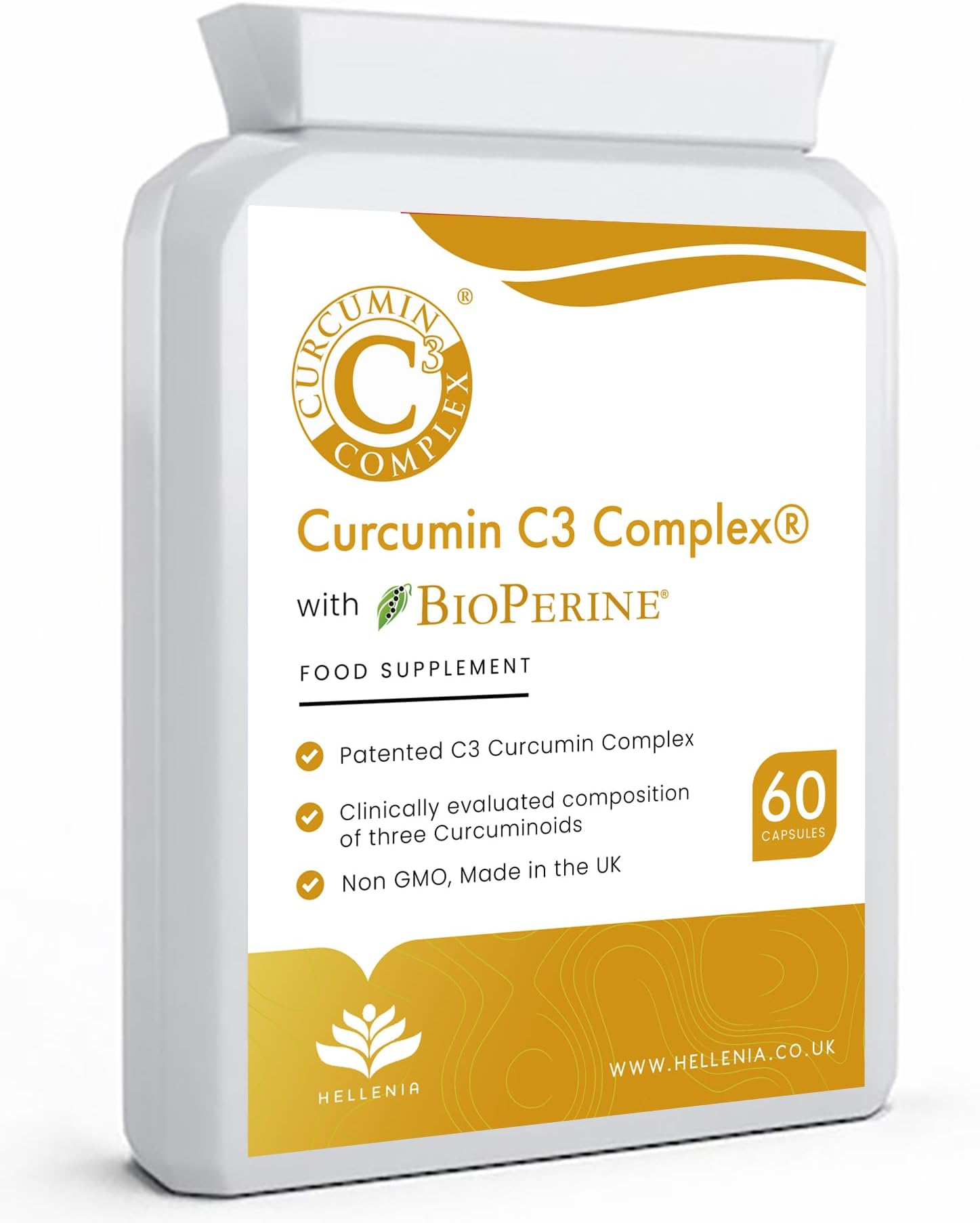 – Turmeric - Curcumin C3 Complex® with BioPerine® - 60 Capsules | High Strength Curcumin Supplement | Turmeric Capsules - Suitable for Vegans - Made in The UK by Hellenia