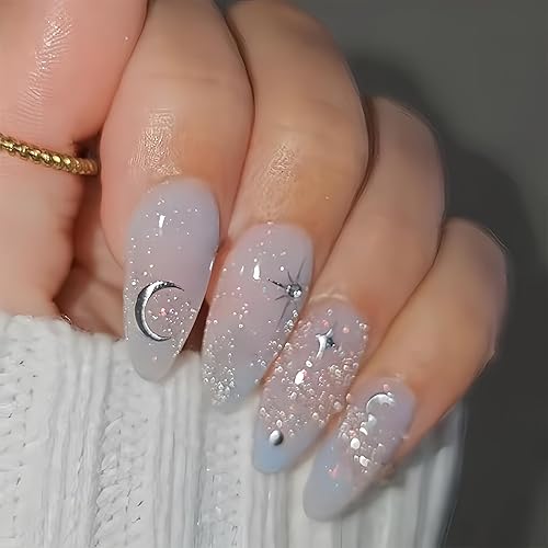 24Pcs Sparkling Moon Stars Press on Nails Medium Long Almond