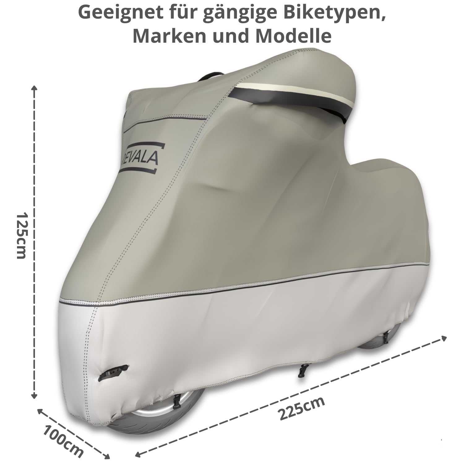 REVALA® Motorrad Abdeckplane Outdoor & Indoor | Wetterfeste Motorrad Garage | wasserdichte Motorradplane für Roller | Robuste Roller Abdeckung für draußen | Hitzebeständig + Tasche | 225x100x125cm