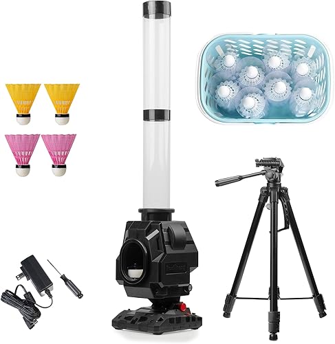 Furlihong 13803BH - Juego de máquina de lanzar bádminton, incluye una máquina portátil, 28 volantes, 2 soportes para volantes y un trípode para