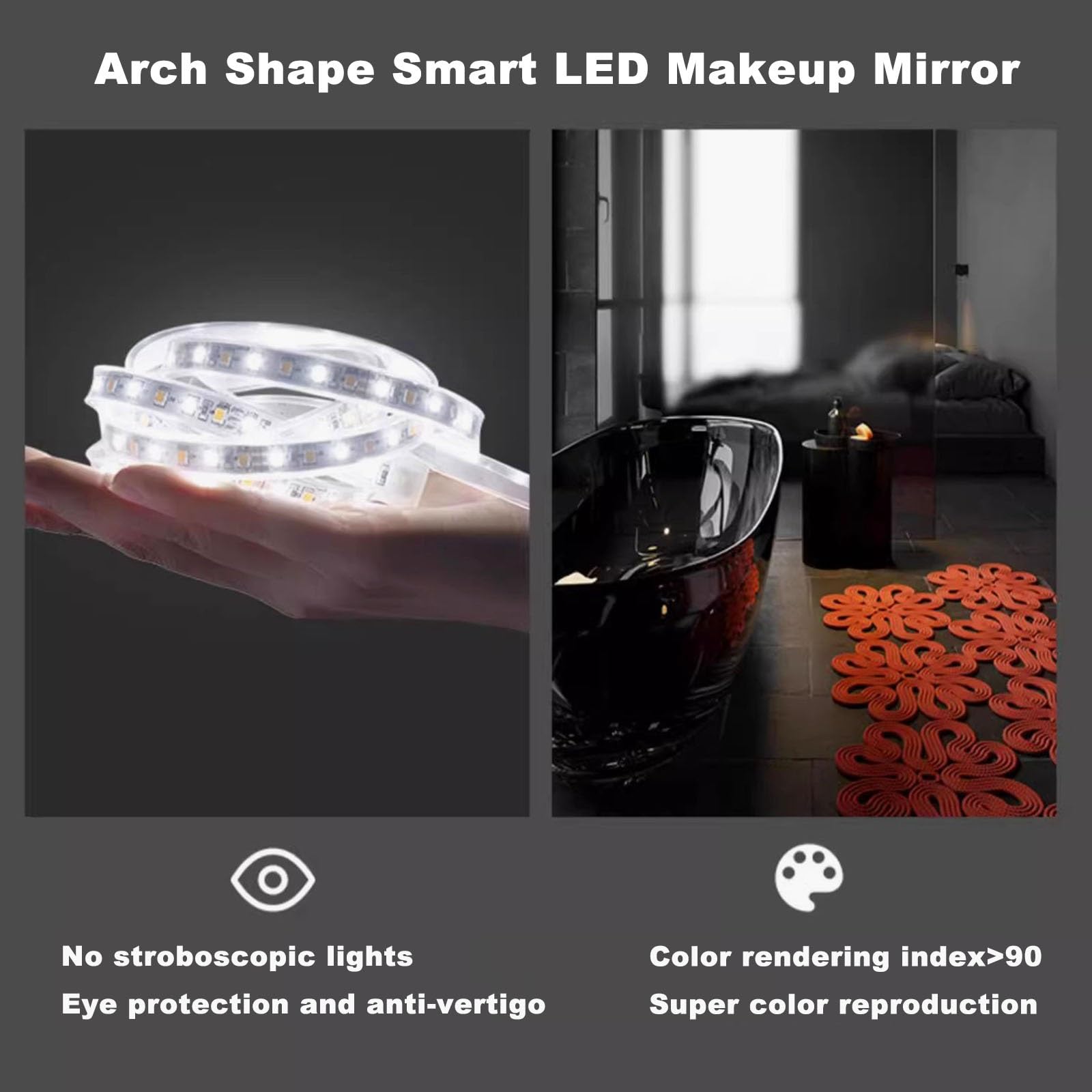 Miroir De Salle De Bain Intelligent À LED en Forme D'arche, Éclairage Tricolore avec Désembuage en Un Clic(50 * 80cm)