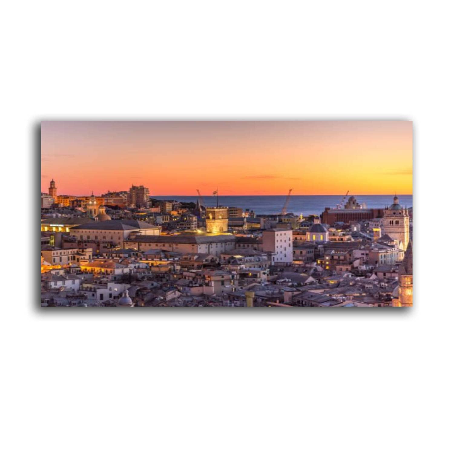 Framed Canvas Wall Art Genova Italy Beautiful sunset aerial panoramic view of Genoa historic Photo Print Poster Large Size Stretched & Framed Artwork Home Decor for Living Room Ready to Hang 20"x40"