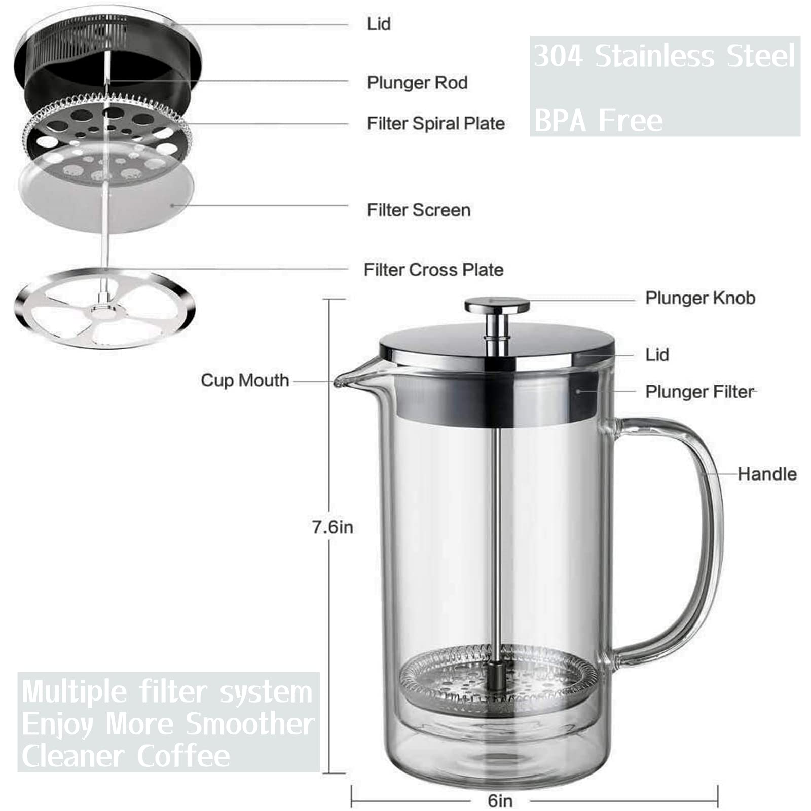Cafetera de prensa francesa, tetera de doble pared, vidrio de borosilicato, acero inoxidable 304, prensa de café transparente, 600 ml UNNKI
