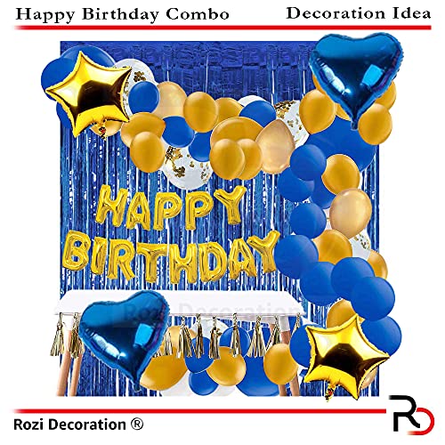 Image of Rozi Decoration Happy Birthday Gold & Blue Theme Combo Kit Including Curtains, Star, Heart Metallic & Confetti Balloons for Boy, Men Set of 37 Items