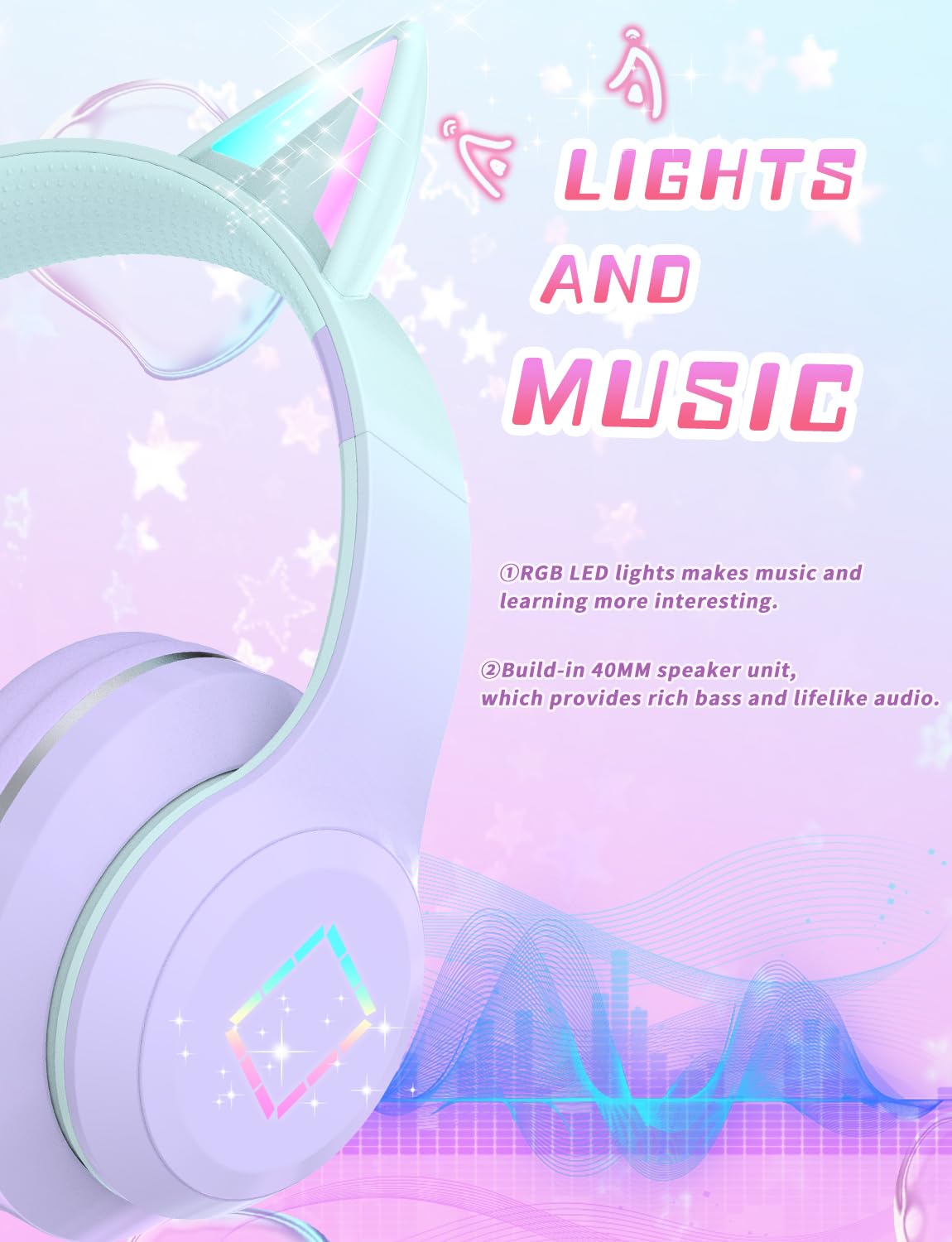 Xunpuls Cuffie Bluetooth per Bambini, Senza-Fili Cuffie Over-Ear, Con orecchie LED, Pieghevole, Con Microfono, Micro SD/TF, HD Stereo, Cuffie ragazze orecchie gatto per scuola/scrivania/PC/TV