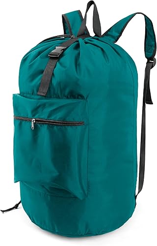 Vista 8 de BeeGreen Mochila de lavandería verde musgo para viaje, bolsa de lavandería con correas de hombro ajustables y cierre de cordón, XL bolsa de Verde
