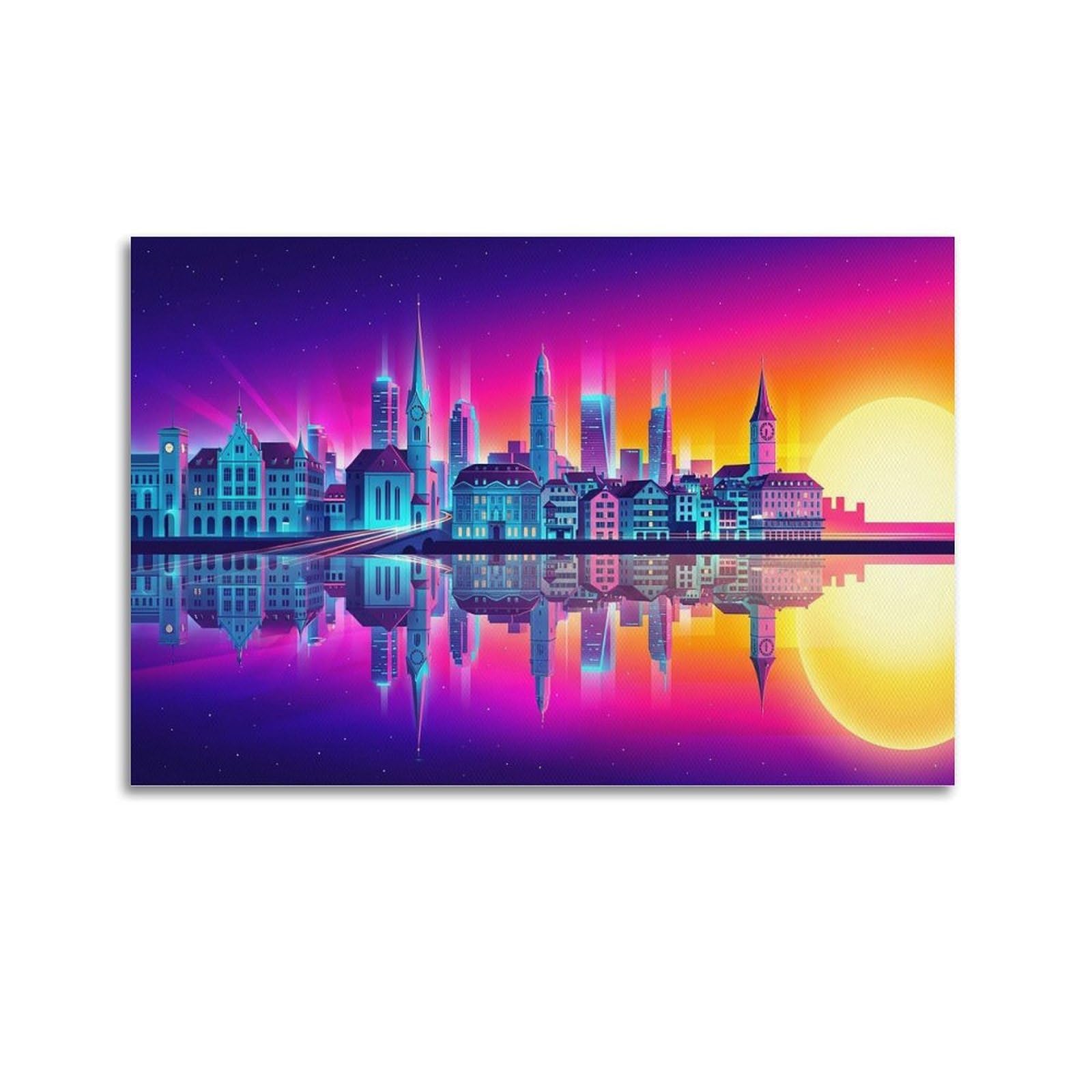 XKUGA Zurich Fraumünster Synthwave Travel Poster Modern Decorative Canvas Prints - Ideal Wall Art for Family, Man Cave, Game Room, Boys & Girls Bedroom 24x36inch(60x90cm)