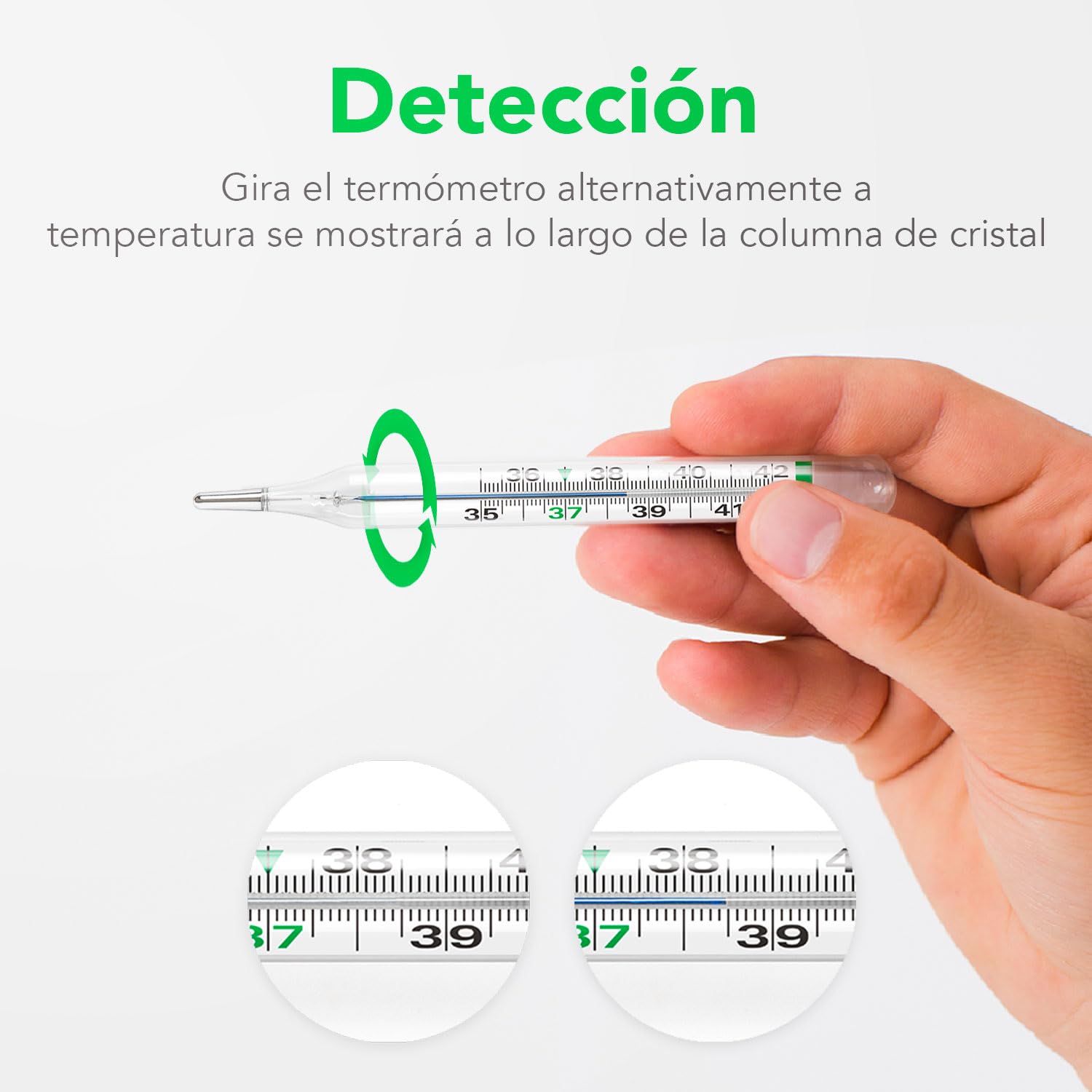AIESI® Termómetro Clínico clásico de vidrio para fiebre de galio sin mercurio para adultos y niños ECOTHERM, Estuche para reajuste rápido, Ecológico, Garantía 24 meses