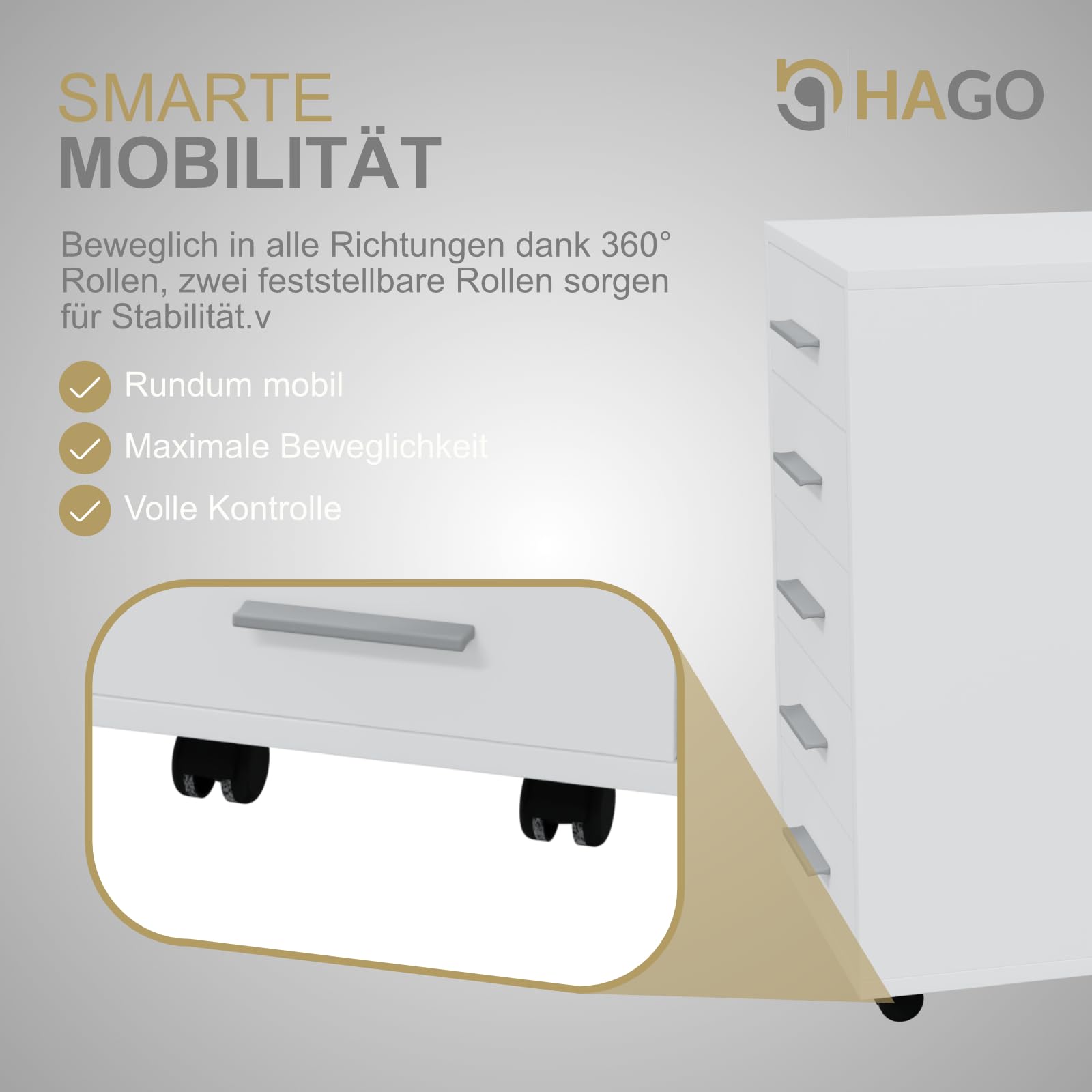 HAGO24 | Rollcontainer | Bürocontainer | Büroschrank | Aktenschrank | Rollschrank | 5 Schubladen | Aluminium-Griffe | Möbelrollen | 360° schwenkbar | Weiß |