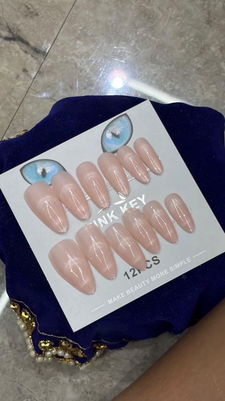 TheBlingNails | Premium Handmade Luxury Gel Nails, Milky Nude CatEye with Shimmer Magnetic Light Effect | Elegant Stick -On Nail Kit for Women & Girls| Reusable Nails| Lightweight & Long Lasting| High Glossy Finish| Salon-Style Nails at Home| Crafted in our BlingNails Studio for salon quality results.-image-46