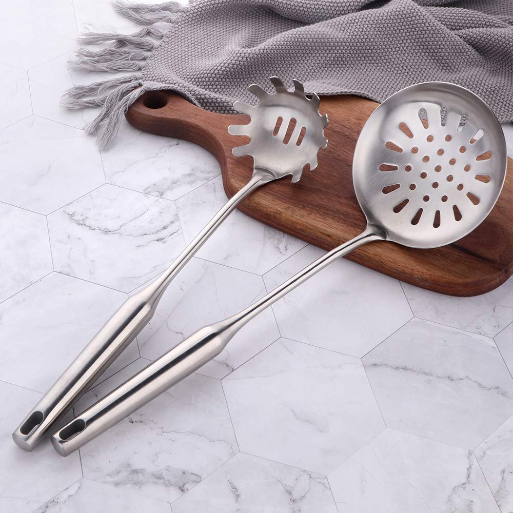 1 Skimmer Spoon and 1 Spaghetti Spoon, BUY&USE 2 Pcs Stainless Steel Cooking Utensils Set, Heat-resistant Kitchen Gadgets Tools