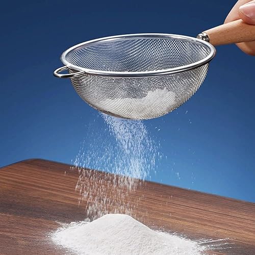 Miniatura 4 de Colador de doble malla fina de acero inoxidable con mango de madera para alimentos, arroz, pasta, harina, colador, tamiz, herramienta de cocina para