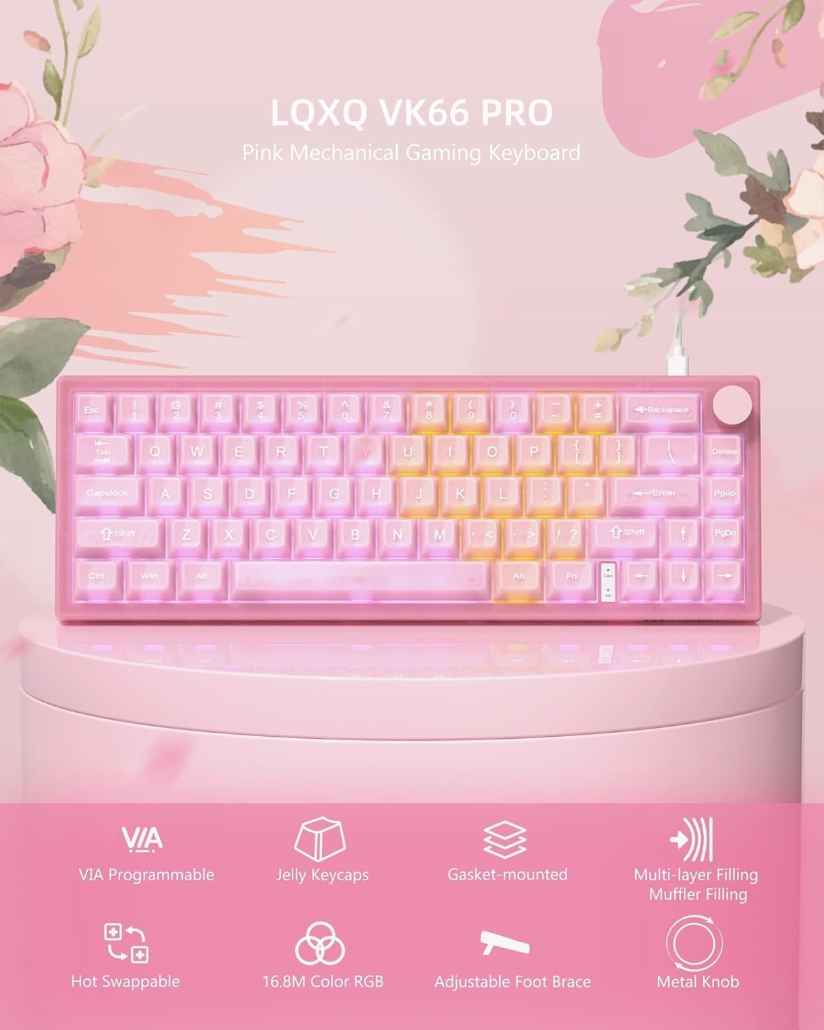 VK66 PRO 60% przewodowa klawiatura do gier, kremowa klawiatura mechaniczna VIA, klawiatura Hot-Swap RGB z mocowaniem uszczelkowym i przezroczystymi nakładkami na klawisze (różowa)