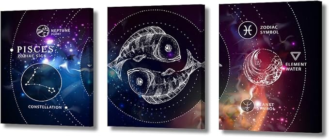 Wall Decorations for Living Room Pisces Zodiac Sign Home Decor Magic Witchcraft Card with Astrology Wall Paintings Koi Fish Wall Decor Pictures 3 Piece Posters and Prints Ready to Hang (36''W x 16''H)