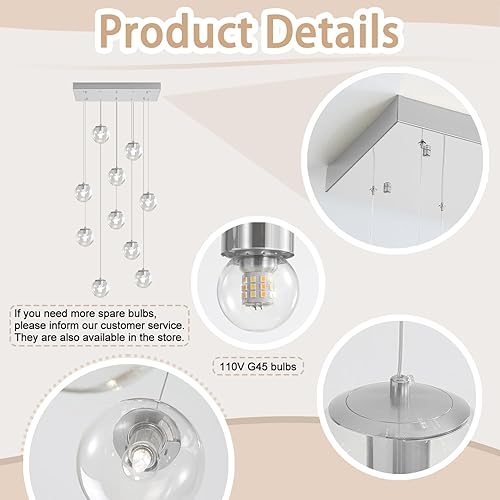 Miniatura 281 de Escalera LED de 10 luces LED moderna con globo de cristal, lámpara colgante grande para techos altos, accesorios de iluminación de entrada, villas y