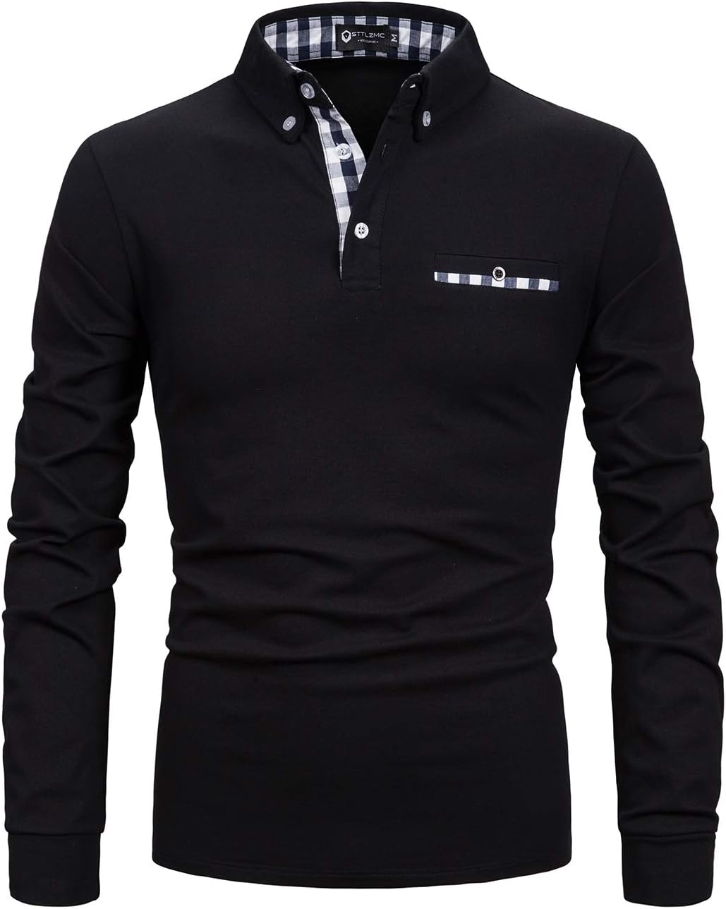 STTLZMC Mens Long Sleeve Polo Shirts Plaid Collar Basic Casual T-Shirt