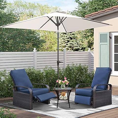 ATR ART TO REAL Outdoor Recliner, Set of 2 Wicker Reclining Chair with Coffee End Side Table, Aluminum Frame Patio Chaise Lounge Chairs with Thicken Cushions (Navy) Cover
