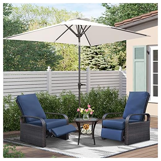 ATR ART TO REAL Outdoor Recliner, Set of 2 Wicker Reclining Chair with Coffee End Side Table, Aluminum Frame Patio Chaise Lounge Chairs with Thicken Cushions (Navy)