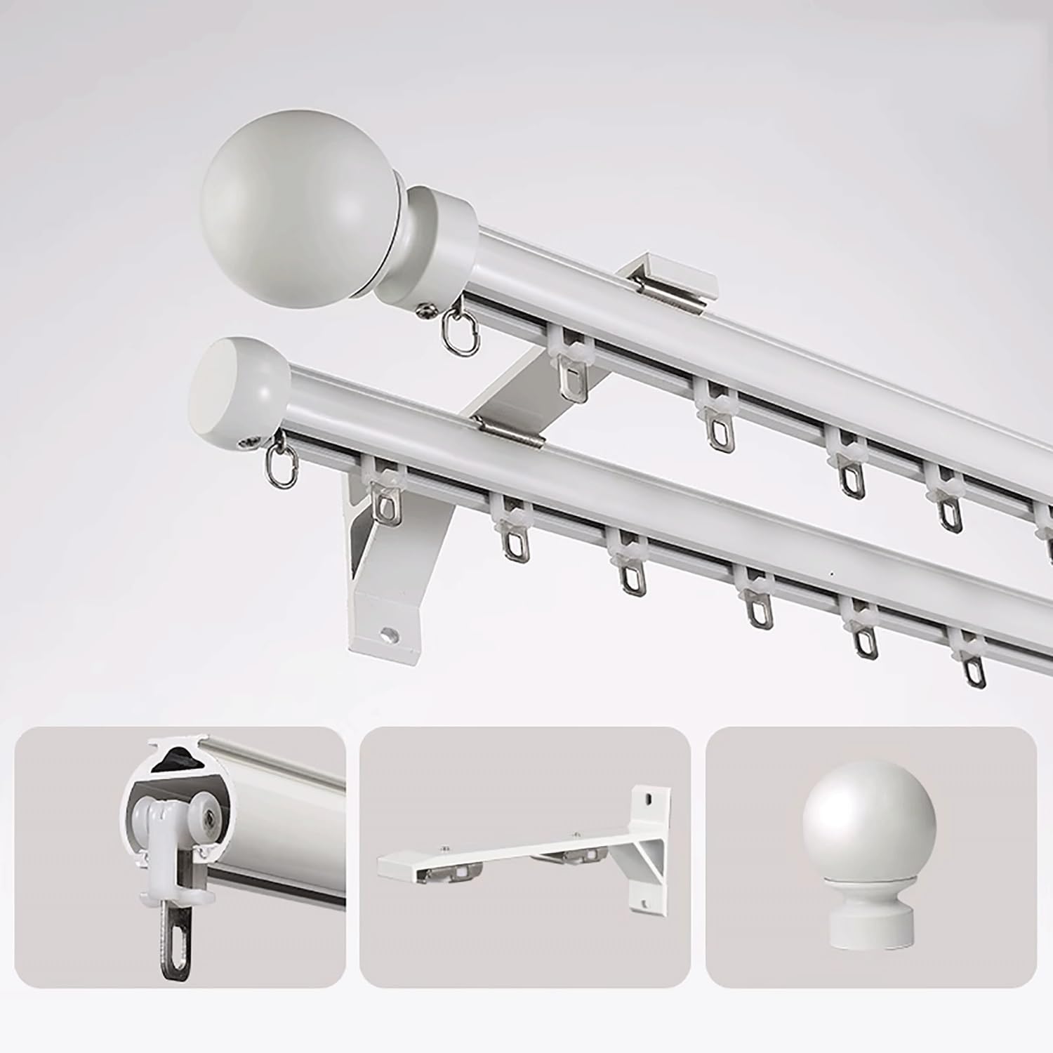 Zestaw podwójnych zasłon / szary/biały/czarny aluminiowy 2-warstwowy karnisz z zestawem i akcesoriami do zasłon przesuwnych (biały, 2,5 m)
