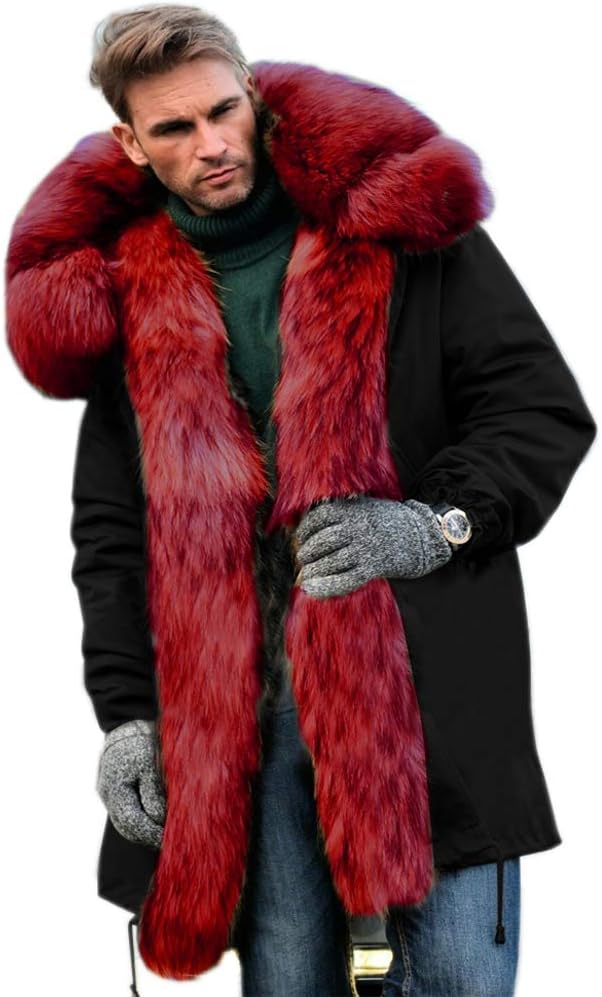 Mens Winter Warm Thick Faux Fur Slim Trench Coat Long Jacket Parka Hooded Pea Coat Winter Coat S-XXXL