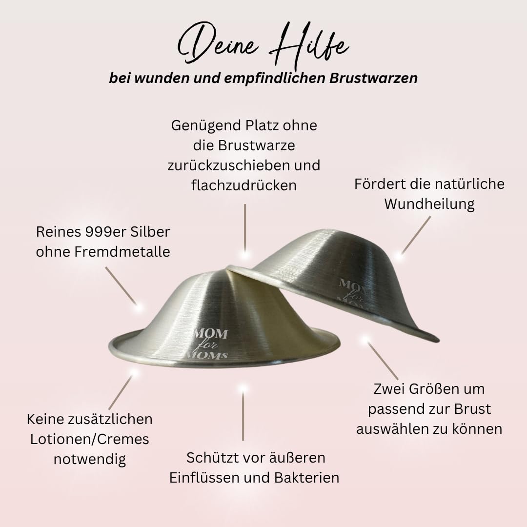 Mom for Moms Silberhütchen 999er Silber/natürliche Wundheilung der Brustwarzen/für ein angenehmes Stillen und Wochenbett/mehr Platz und Schutz der Brustwarzen/Stillzubehör 2 Stk (L/XL)