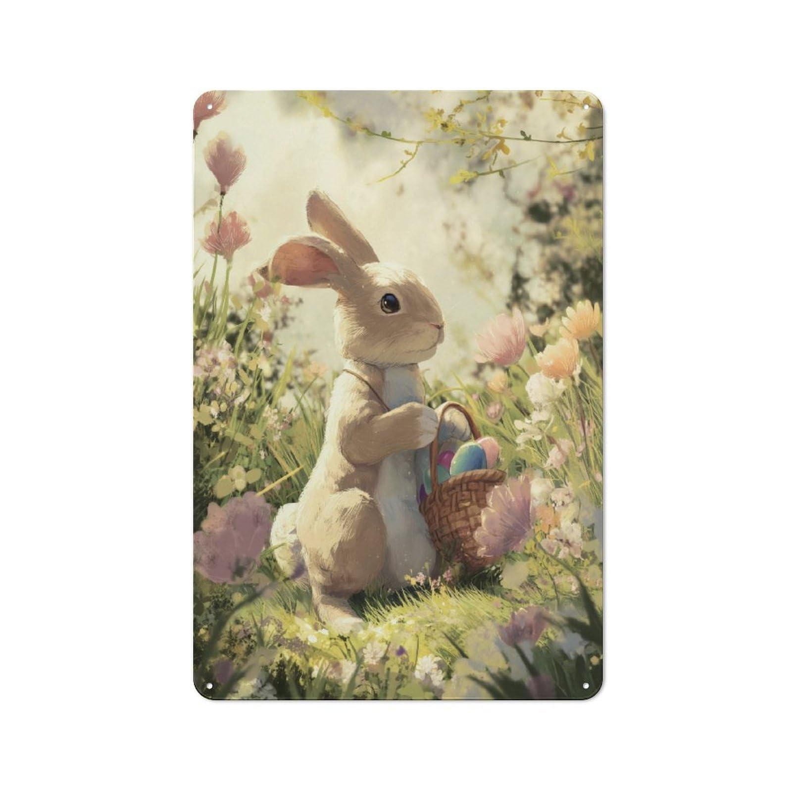Junmoney Easter Bunny With Basket Of Eggs Cottage Metal Wall Decor 30X20cm, Shed Metal Sign For Conservatory, Home Bar Or Utility Room