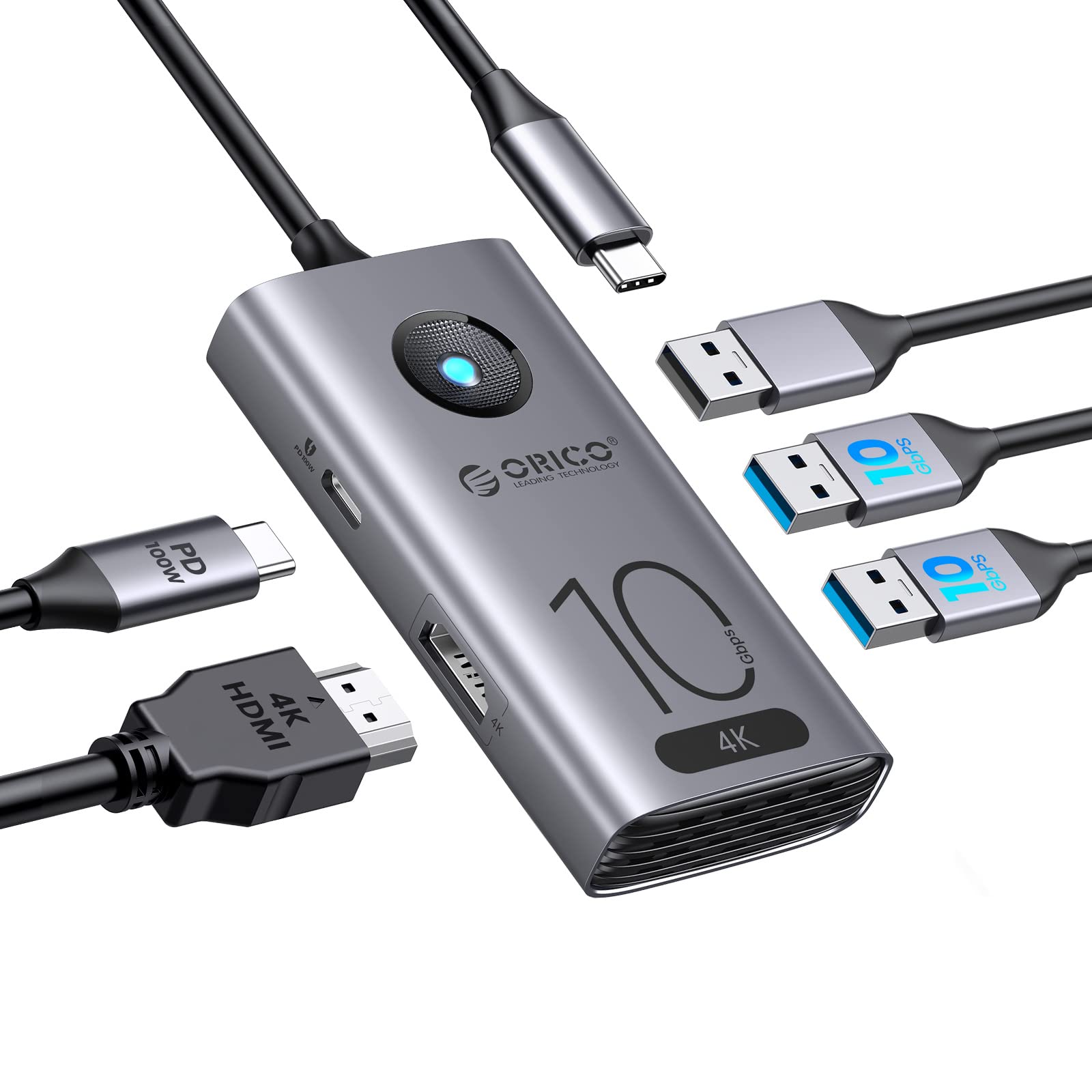 Orico 10Gbps USB C Hub,ORICO 5-in-1 USB-C Laptop Docking Station to 4K@60Hz HDMI,2×USB 3.2 10G,USB 2.0,100W PD for Dell/Surface/HP/Lenovo Laptops, Grey