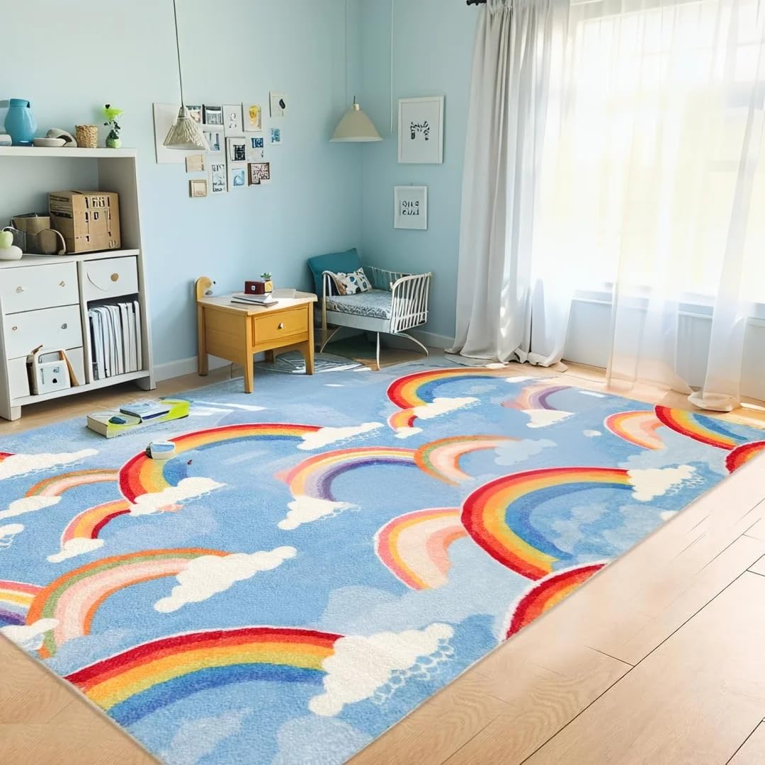 Regenbogen-Teppiche, niedlich, bunt, rutschfest, waschbar, Klassenzimmerteppich, weicher Kinderbereich für Schlafzimmer, Kinderzimmer, Wohnzimmer, Dekoration, Regenbogenwolke
