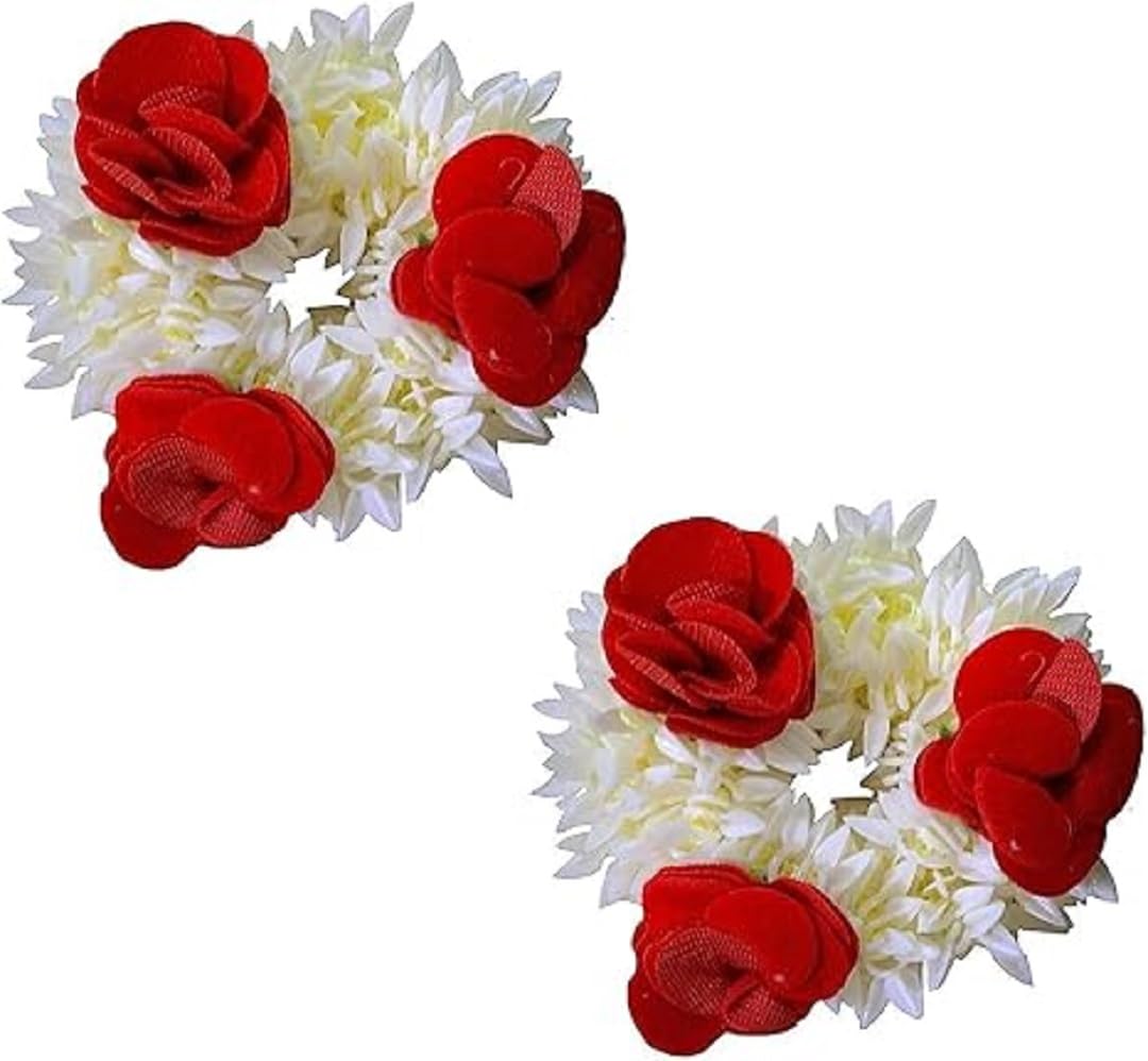glossicle (2 Pcs) Scented Mogra Gajra Hair Accessories For Women & Girls - Hair Flower Bun Artificial Fake Gajra Scrunchies Rubber Band - Premium & Voluminous, Red Petals-picture-21