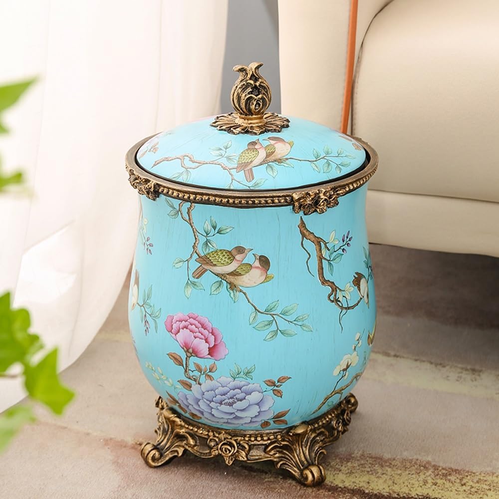 Decorative Round Waste Basket, Trash Can with Lid, Durable Resin Trash Can Wastebasket for Bathrooms, Powder Rooms, Kitchens, Home, Offices
